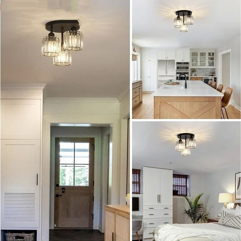 Modern Luxury Crystal Ceiling Light – 3-Light Semi-Flush Mount Chandelier in Gold or Black for Bedroom, Dining & Entryway