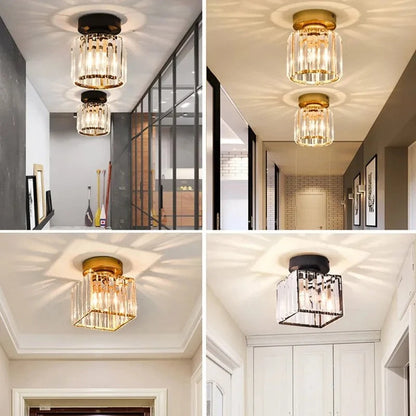 Compact Crystal Ceiling Light for Hallways & Corridors – Square or Round Flush Mount in Black or Gold for Foyer, Balcony & Closet