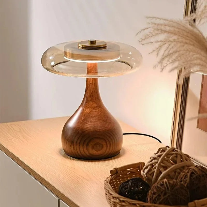 Andi Walnut, Brass & Glass Table Lamp – Modern 3-Setting LED Accent Lamp for Living Room, Bedroom & Study, 2 Sizes