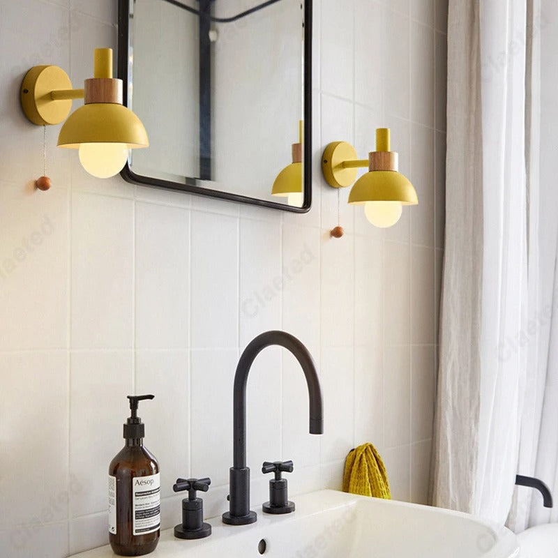 Nordic Wooden Pull-Chain Wall Lamp – Minimalist Metal & Wood Accent Sconce, Warm White Bedside Light in 5 Colors