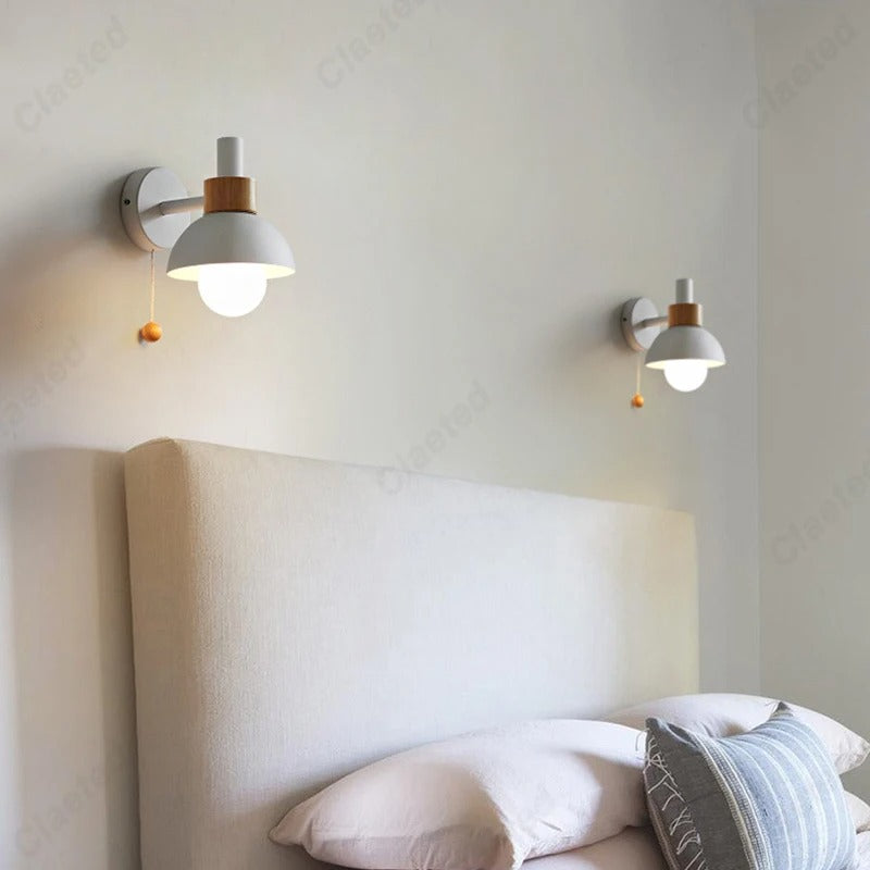 Nordic Wooden Pull-Chain Wall Lamp – Minimalist Metal & Wood Accent Sconce, Warm White Bedside Light in 5 Colors