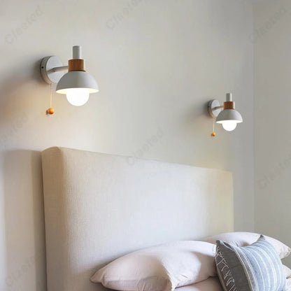 Nordic Wooden Pull-Chain Wall Lamp – Minimalist Metal & Wood Accent Sconce, Warm White Bedside Light in 5 Colors