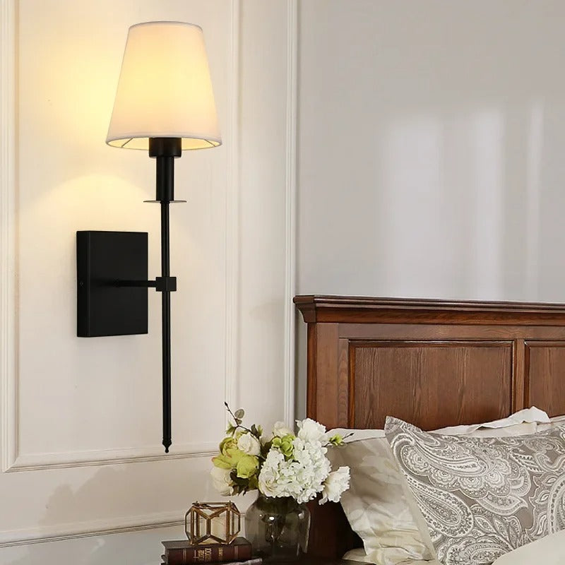 Nordic Elegance LED Wall Sconce – Iron Frame with Fabric Lampshade, Energy-Saving Bedside Wall Light in Gold or Black