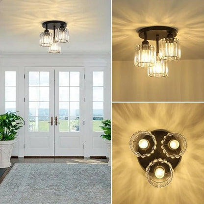 Modern Luxury Crystal Ceiling Light – 3-Light Semi-Flush Mount Chandelier in Gold or Black for Bedroom, Dining & Entryway