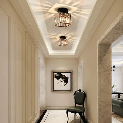 Compact Crystal Ceiling Light for Hallways & Corridors – Square or Round Flush Mount in Black or Gold for Foyer, Balcony & Closet