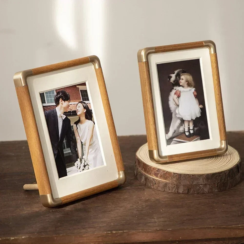 Brooks Wood & Brass Tabletop Photo Frame – Vintage Picture Frame in Teak or Walnut, 4x6, 5x7, 8x10