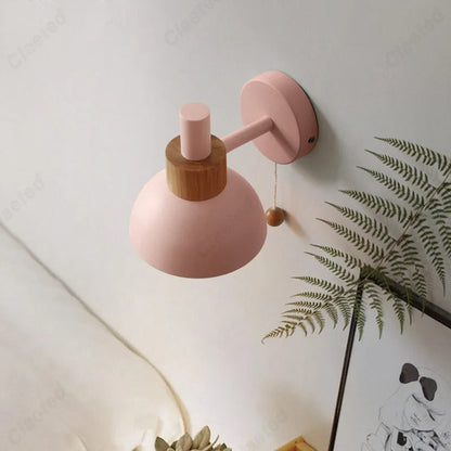 Nordic Wooden Pull-Chain Wall Lamp – Minimalist Metal & Wood Accent Sconce, Warm White Bedside Light in 5 Colors