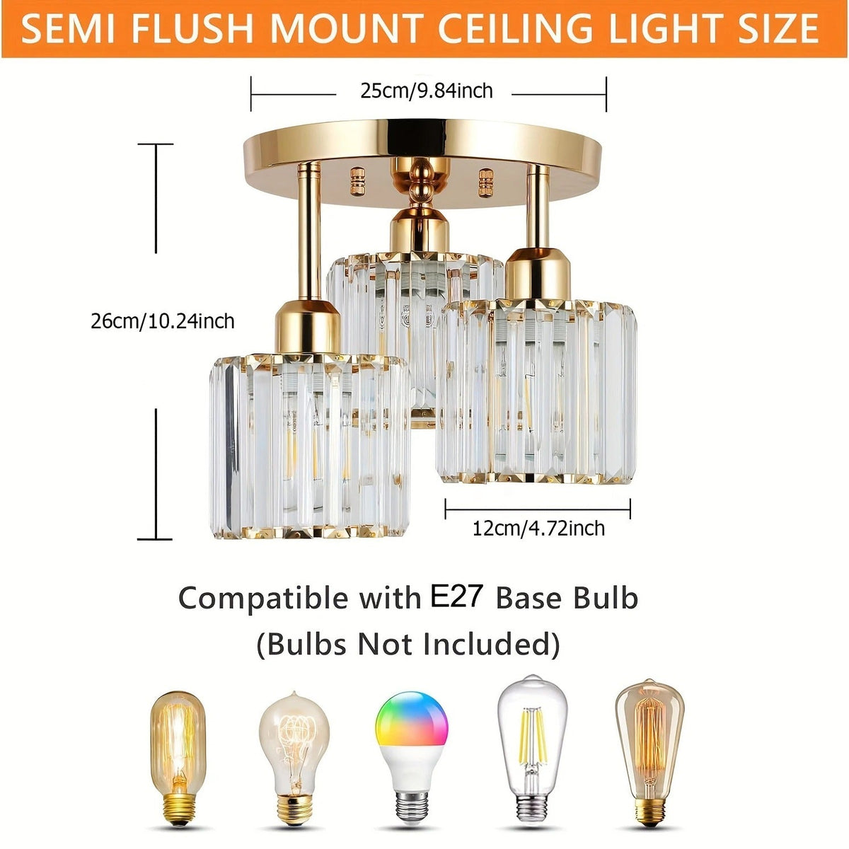 Modern Luxury Crystal Ceiling Light – 3-Light Semi-Flush Mount Chandelier in Gold or Black for Bedroom, Dining & Entryway