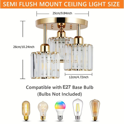 Modern Luxury Crystal Ceiling Light – 3-Light Semi-Flush Mount Chandelier in Gold or Black for Bedroom, Dining & Entryway