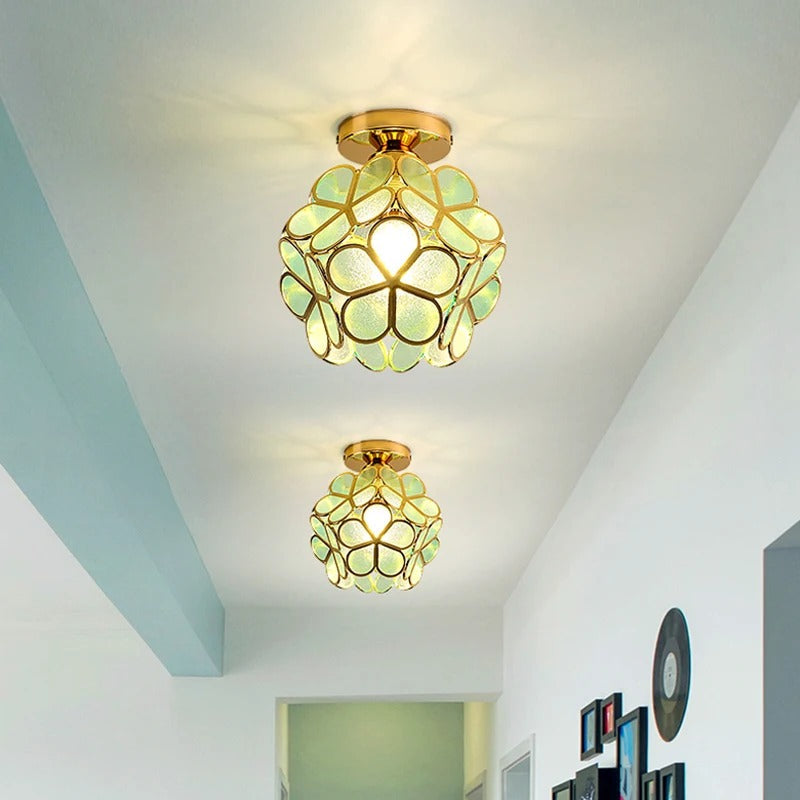 Nordic Petal Flower Ceiling Light – Acrylic Petal Ball Aisle Lamp with Gold Frame, 3-Color Light for Hallway & Bedroom