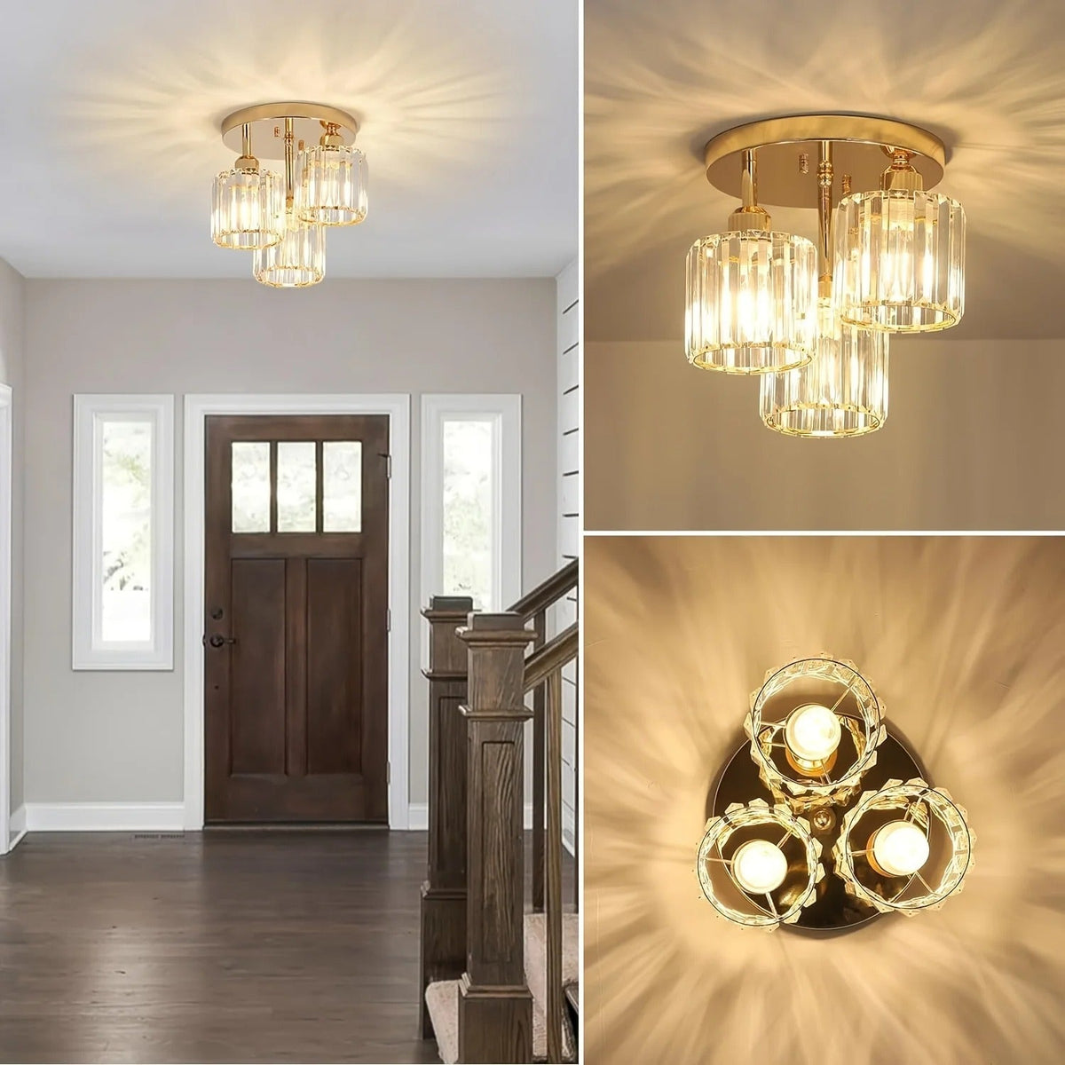 Modern Luxury Crystal Ceiling Light – 3-Light Semi-Flush Mount Chandelier in Gold or Black for Bedroom, Dining & Entryway
