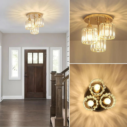 Modern Luxury Crystal Ceiling Light – 3-Light Semi-Flush Mount Chandelier in Gold or Black for Bedroom, Dining & Entryway