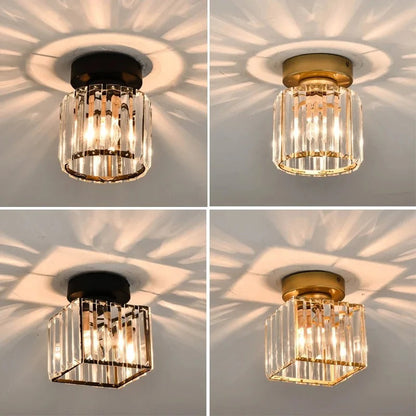 Compact Crystal Ceiling Light for Hallways & Corridors – Square or Round Flush Mount in Black or Gold for Foyer, Balcony & Closet