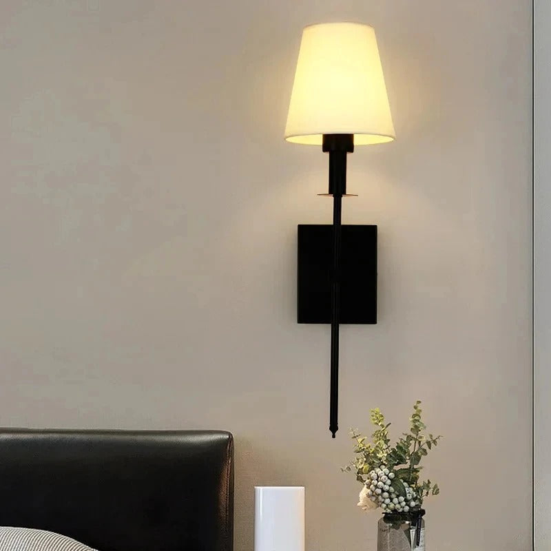Nordic Elegance LED Wall Sconce – Iron Frame with Fabric Lampshade, Energy-Saving Bedside Wall Light in Gold or Black