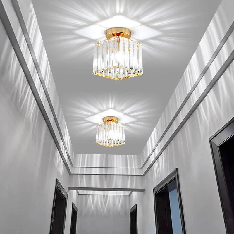 Compact Crystal Ceiling Light for Hallways & Corridors – Square or Round Flush Mount in Black or Gold for Foyer, Balcony & Closet