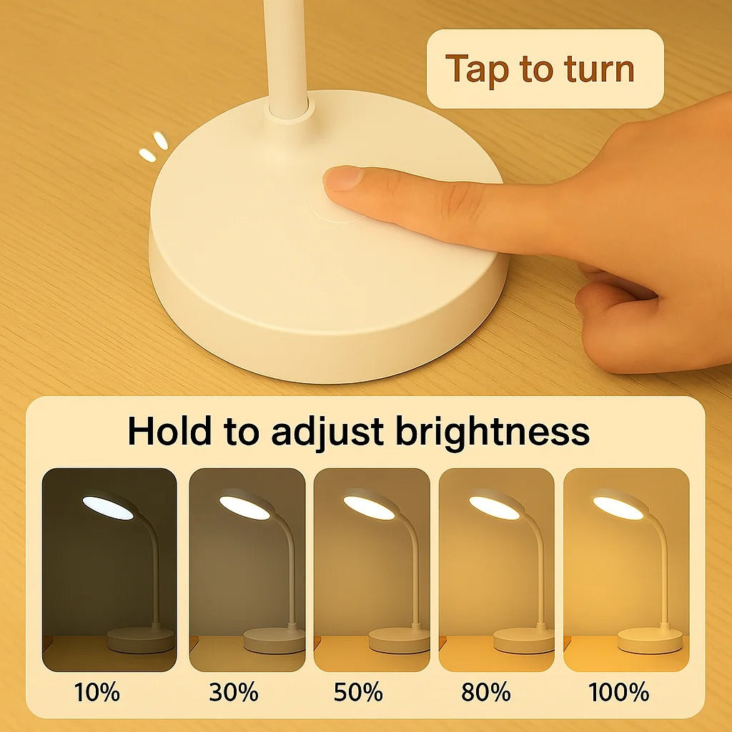 Rechargeable LED Desk Lamp with Adjustable Swan Neck – Eye-Friendly Flicker-Free Reading Light, 3 Modes & Touch Dimming