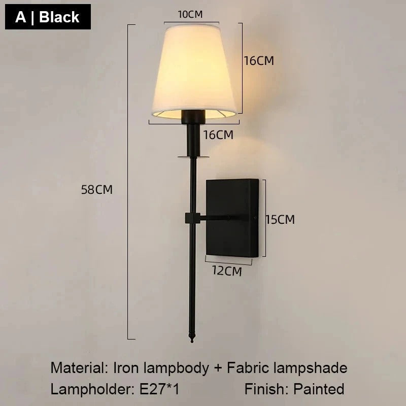 Nordic Elegance LED Wall Sconce – Iron Frame with Fabric Lampshade, Energy-Saving Bedside Wall Light in Gold or Black
