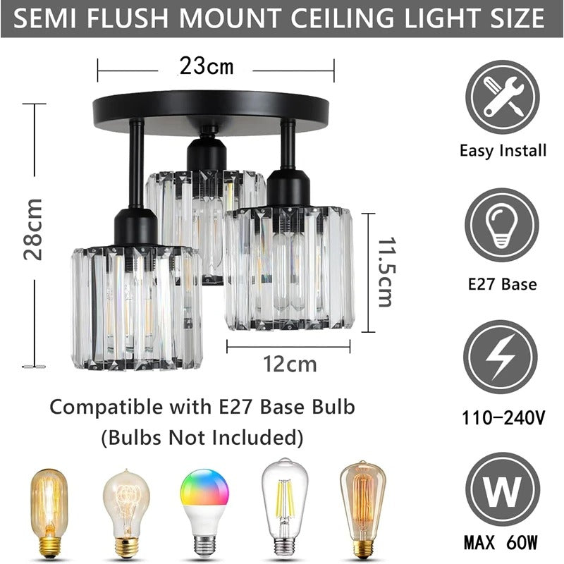 Modern Luxury Crystal Ceiling Light – 3-Light Semi-Flush Mount Chandelier in Gold or Black for Bedroom, Dining & Entryway