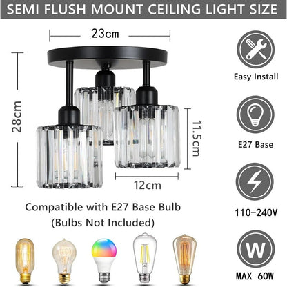 Modern Luxury Crystal Ceiling Light – 3-Light Semi-Flush Mount Chandelier in Gold or Black for Bedroom, Dining & Entryway