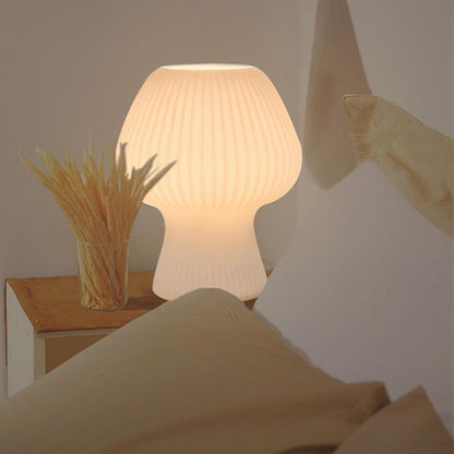 Vintage Ribbed Glass Mushroom Table Lamp – Dimmable Retro Bedside Lamp with Warm Glow for Bedroom, Desk & Reading Corner