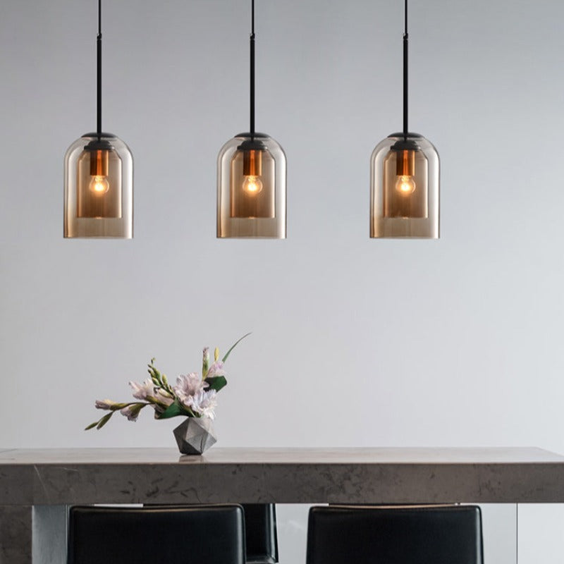 Modern Nordic Colored Glass Pendant Light – Smoke Grey or Rust Hanging Lamp with Iron Fittings for Kitchen, Dining & Cafe