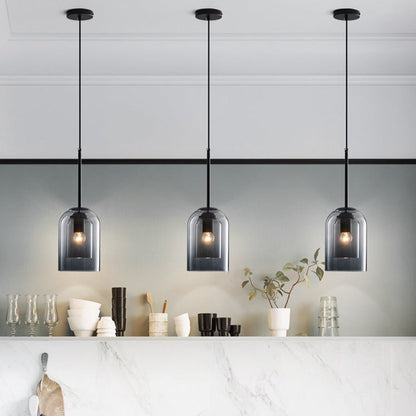 Modern Nordic Colored Glass Pendant Light – Smoke Grey or Rust Hanging Lamp with Iron Fittings for Kitchen, Dining & Cafe