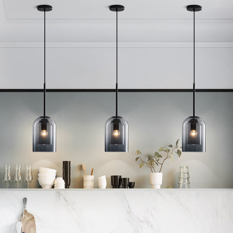Mica Mid-Century Double Glass Pendant Light – Smoke Grey or Amber Layered Shade Hanging Lamp with Adjustable Cord