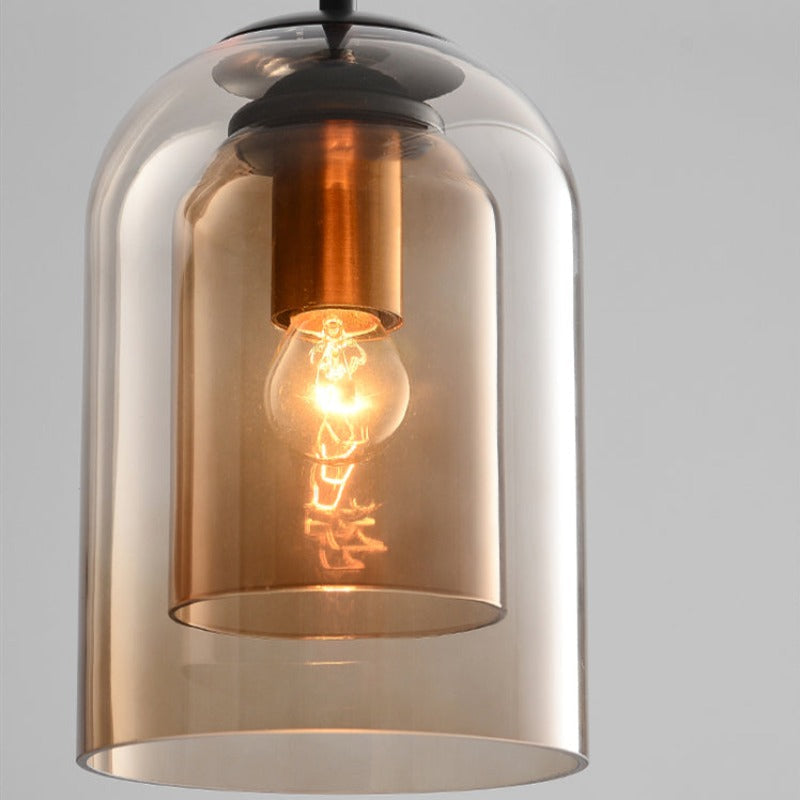 Mica Mid-Century Double Glass Pendant Light – Smoke Grey or Amber Layered Shade Hanging Lamp with Adjustable Cord