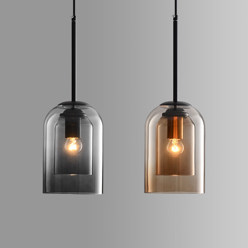 Mica Mid-Century Double Glass Pendant Light – Smoke Grey or Amber Layered Shade Hanging Lamp with Adjustable Cord