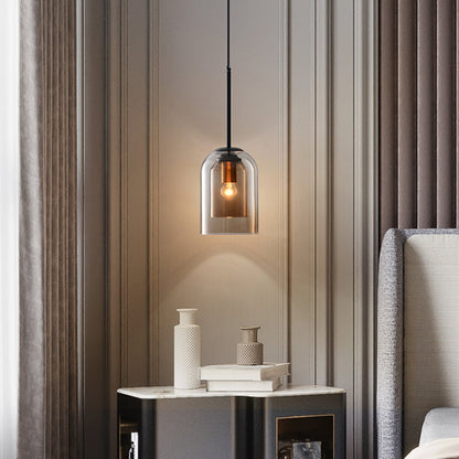 Modern Nordic Colored Glass Pendant Light – Smoke Grey or Rust Hanging Lamp with Iron Fittings for Kitchen, Dining & Cafe