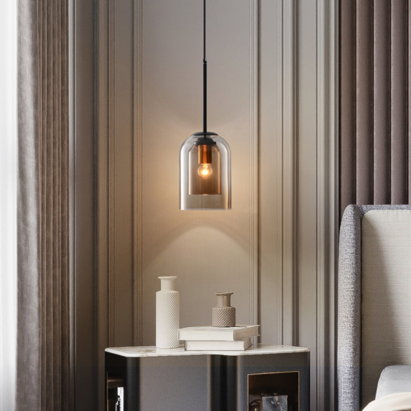 Mica Mid-Century Double Glass Pendant Light – Smoke Grey or Amber Layered Shade Hanging Lamp with Adjustable Cord