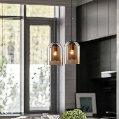 Modern Nordic Colored Glass Pendant Light – Smoke Grey or Rust Hanging Lamp with Iron Fittings for Kitchen, Dining & Cafe