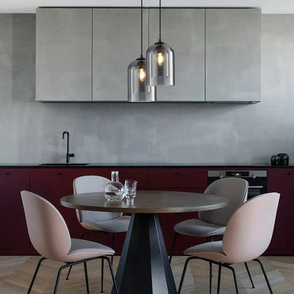 Mica Mid-Century Double Glass Pendant Light – Smoke Grey or Amber Layered Shade Hanging Lamp with Adjustable Cord