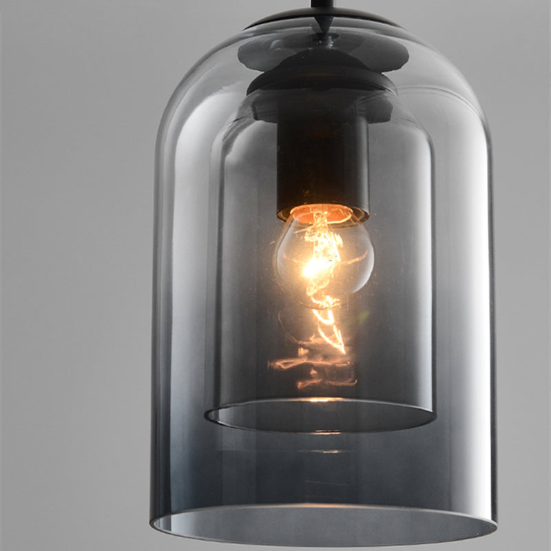 Mica Mid-Century Double Glass Pendant Light – Smoke Grey or Amber Layered Shade Hanging Lamp with Adjustable Cord