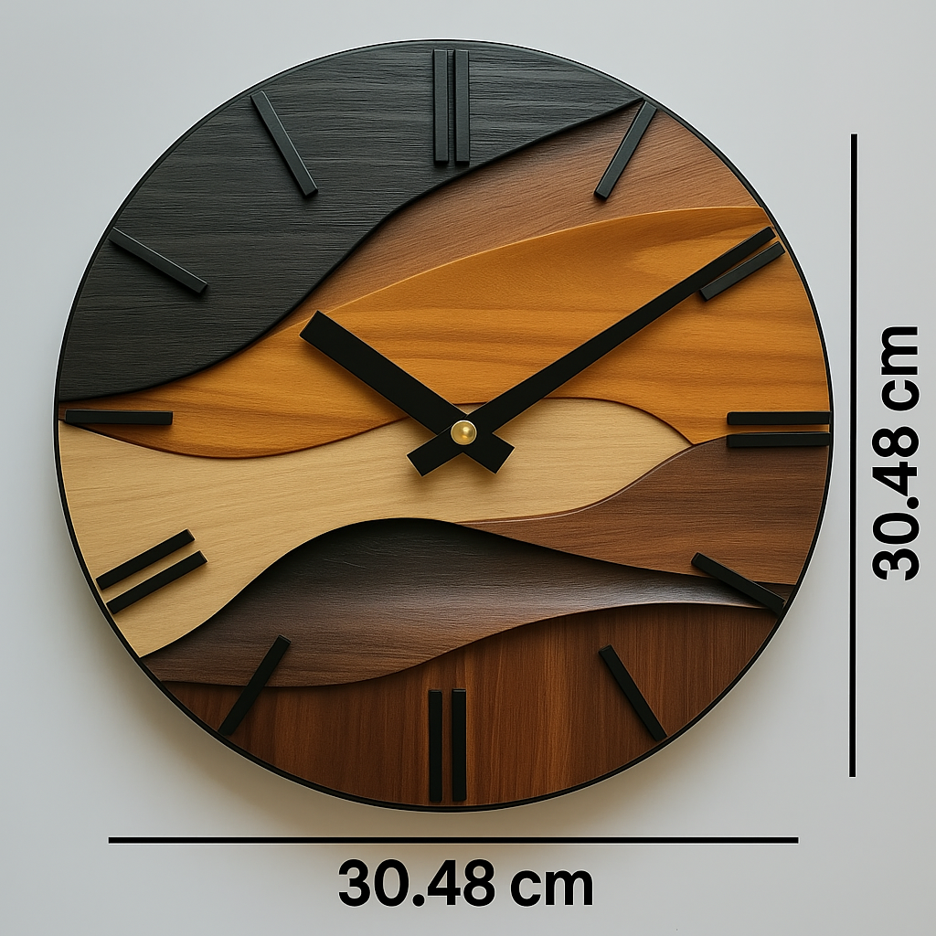 Artistic Round Wall Clock – Silent Non-Ticking 12 Inch Nordic Faux Wood Grain Clock for Living Room, Bedroom & Office