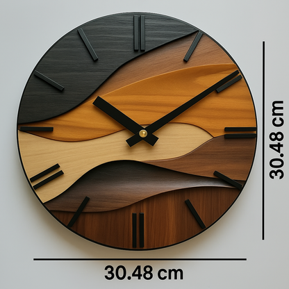 Artistic Round Wall Clock – Silent Non-Ticking 12 Inch Nordic Faux Wood Grain Clock for Living Room, Bedroom & Office