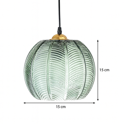 Green Pumpkin Ribbed Glass Pendant Lamp – Retro Vintage Hanging Light with Gold Details for Kitchen, Dining & Bedroom