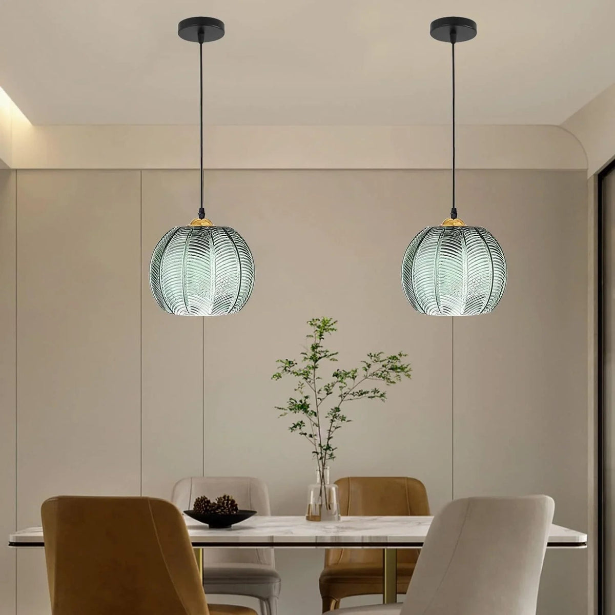 Green Pumpkin Ribbed Glass Pendant Lamp – Retro Vintage Hanging Light with Gold Details for Kitchen, Dining & Bedroom