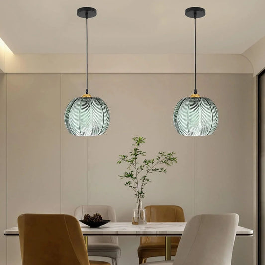 Green Pumpkin Ribbed Glass Pendant Lamp – Retro Vintage Hanging Light with Gold Details for Kitchen, Dining & Bedroom