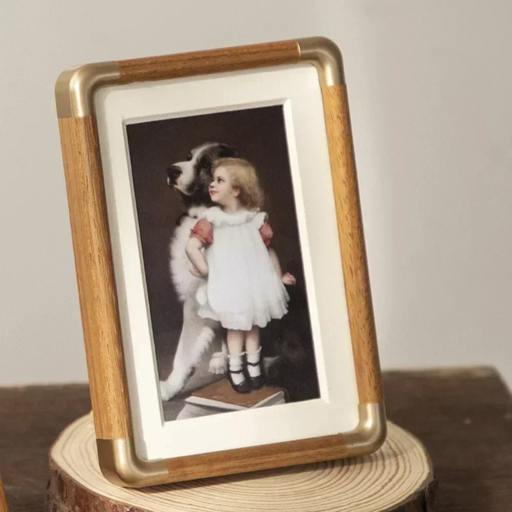 Brooks Wood & Brass Tabletop Photo Frame – Vintage Picture Frame in Teak or Walnut, 4x6, 5x7, 8x10