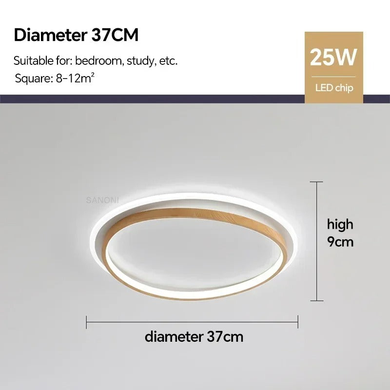 Modern Round Walnut & Gold LED Ceiling Lamp – Eye-Friendly Flush Mount with 3 Changeable Colors, 37 to 57 cm