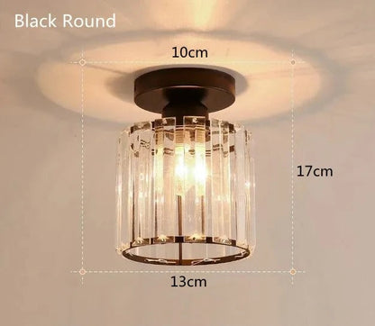 Compact Crystal Ceiling Light for Hallways & Corridors – Square or Round Flush Mount in Black or Gold for Foyer, Balcony & Closet