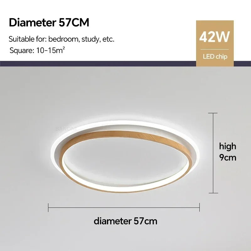 Modern Round Walnut & Gold LED Ceiling Lamp – Eye-Friendly Flush Mount with 3 Changeable Colors, 37 to 57 cm