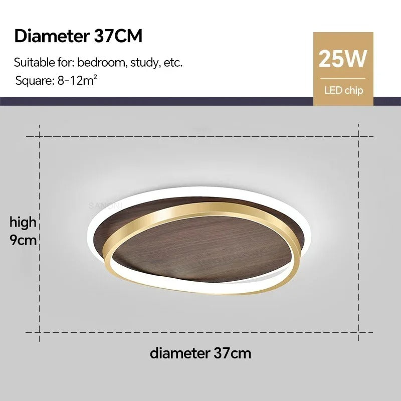 Modern Round Walnut & Gold LED Ceiling Lamp – Eye-Friendly Flush Mount with 3 Changeable Colors, 37 to 57 cm