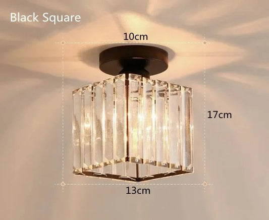 Compact Crystal Ceiling Light for Hallways & Corridors – Square or Round Flush Mount in Black or Gold for Foyer, Balcony & Closet