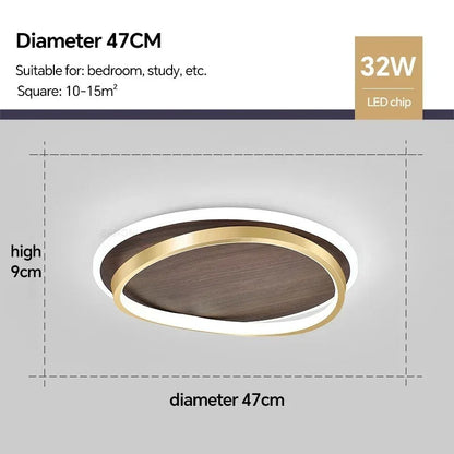 Modern Round Walnut & Gold LED Ceiling Lamp – Eye-Friendly Flush Mount with 3 Changeable Colors, 37 to 57 cm