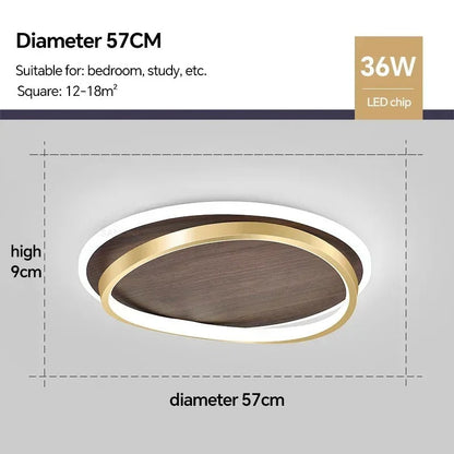 Modern Round Walnut & Gold LED Ceiling Lamp – Eye-Friendly Flush Mount with 3 Changeable Colors, 37 to 57 cm