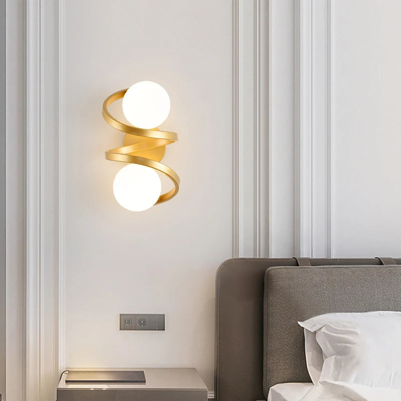 Astra Spiral Dual-Globe LED Wall Light – Sculptural Metal Frame Frosted Glass Sconce in Gold or Black, Warm or Cool White